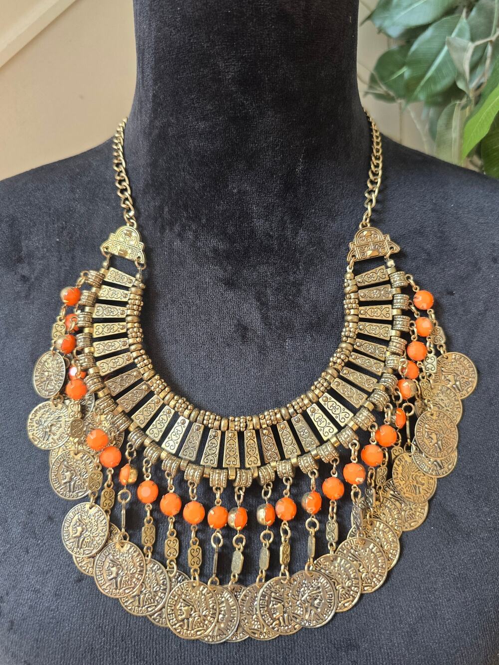 Lightweight Antique Gold Tone Orange Beaded Coin Bib Statement Necklace Boho